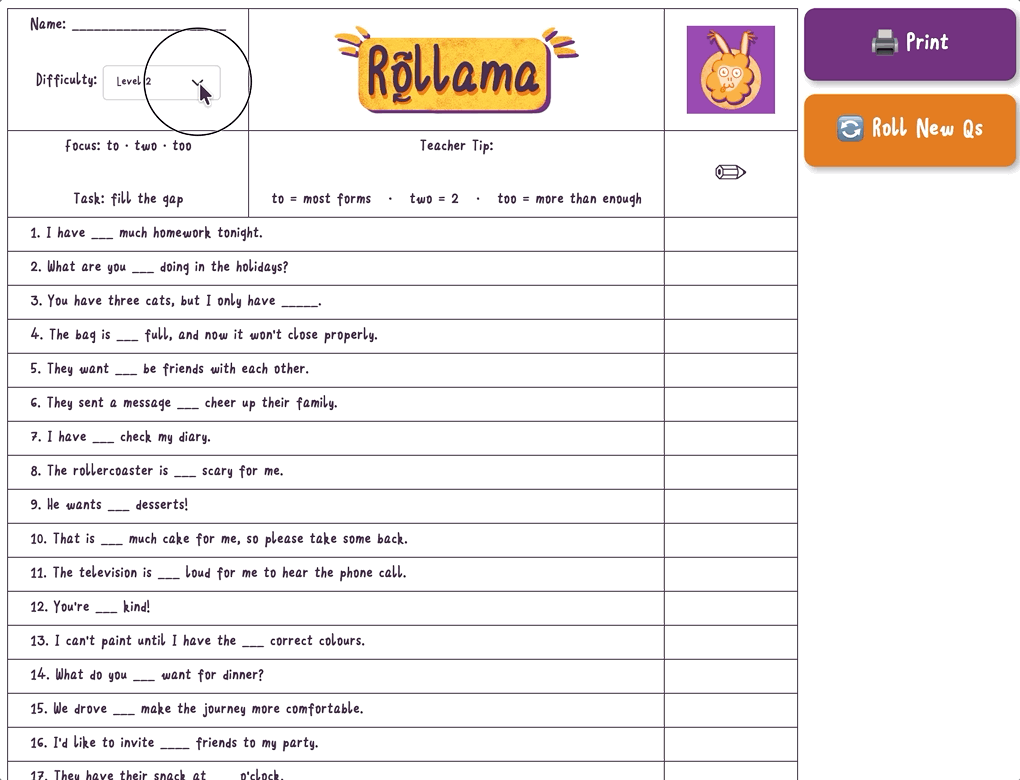 A printable fill-the-gap worksheet generated from a Rollama game