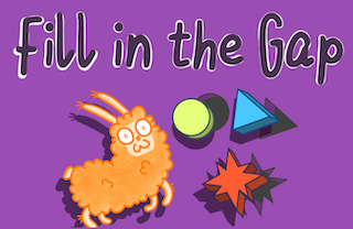 banner for Fill the Gap Rollama game mode, with a cartoon llama looking to fit block shapes into corresponding holes