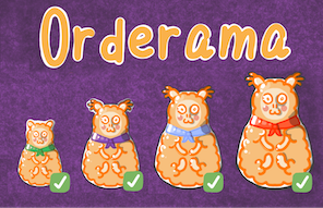 a banner title for the Rollama Orderama syntax and ordering game mode, with cartoon stacking dolls ordered by size