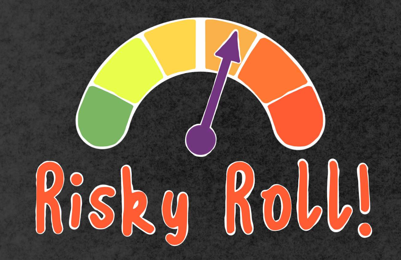 a banner title for the Rollama 'Risky Roll' game mode, with a pixelated speed gauge behind the text