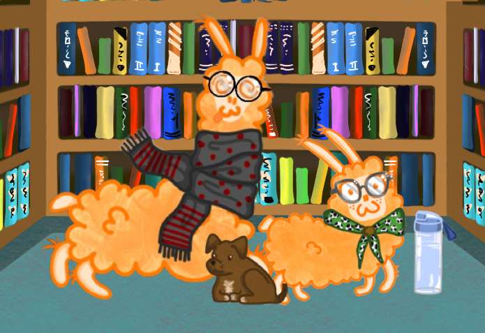A teacher llama in glasses reading in the library with a pupil llama and a puppy