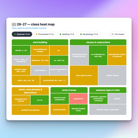 Class heat map of grammar, punctuation and spelling progress