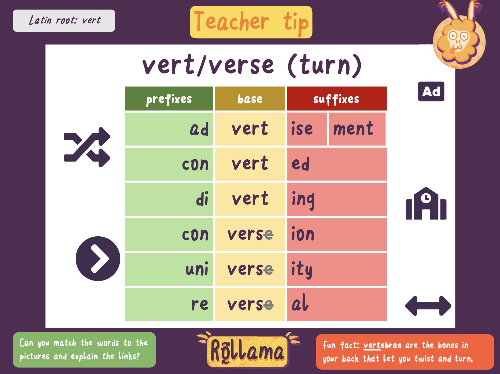 Teacher tip poster for the root 'vert', meaning "turn".